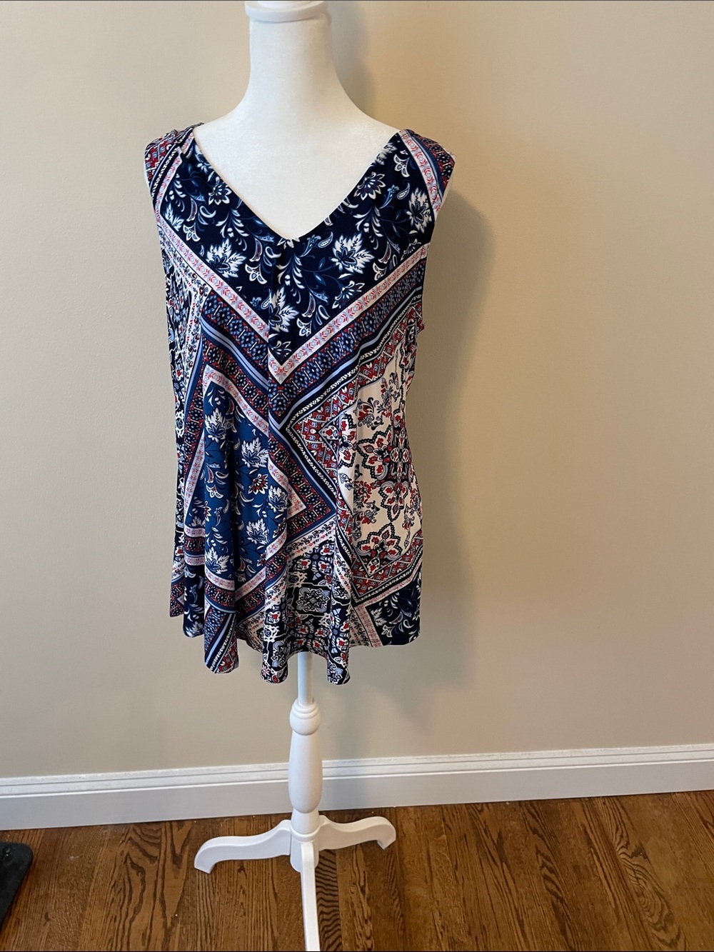 Westport Navy & White V-Neck Printed Swing Tank length 30”